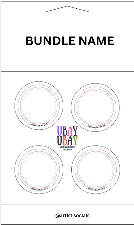 Sample bundle card: the bundle name at the top, four pins with the template lines around the Ubay-Ubay logo, and the artist's socials at the bottom